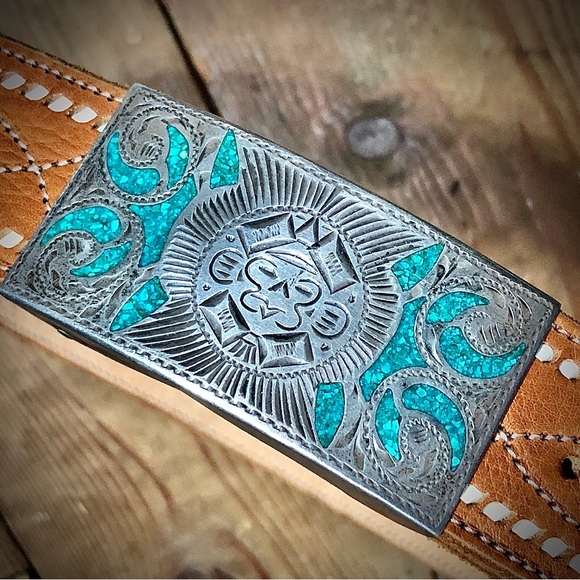 Vintage Sterling Silver Turquoise Aztec Mayan Belt Buckle Mexico - Picture 2 of 16